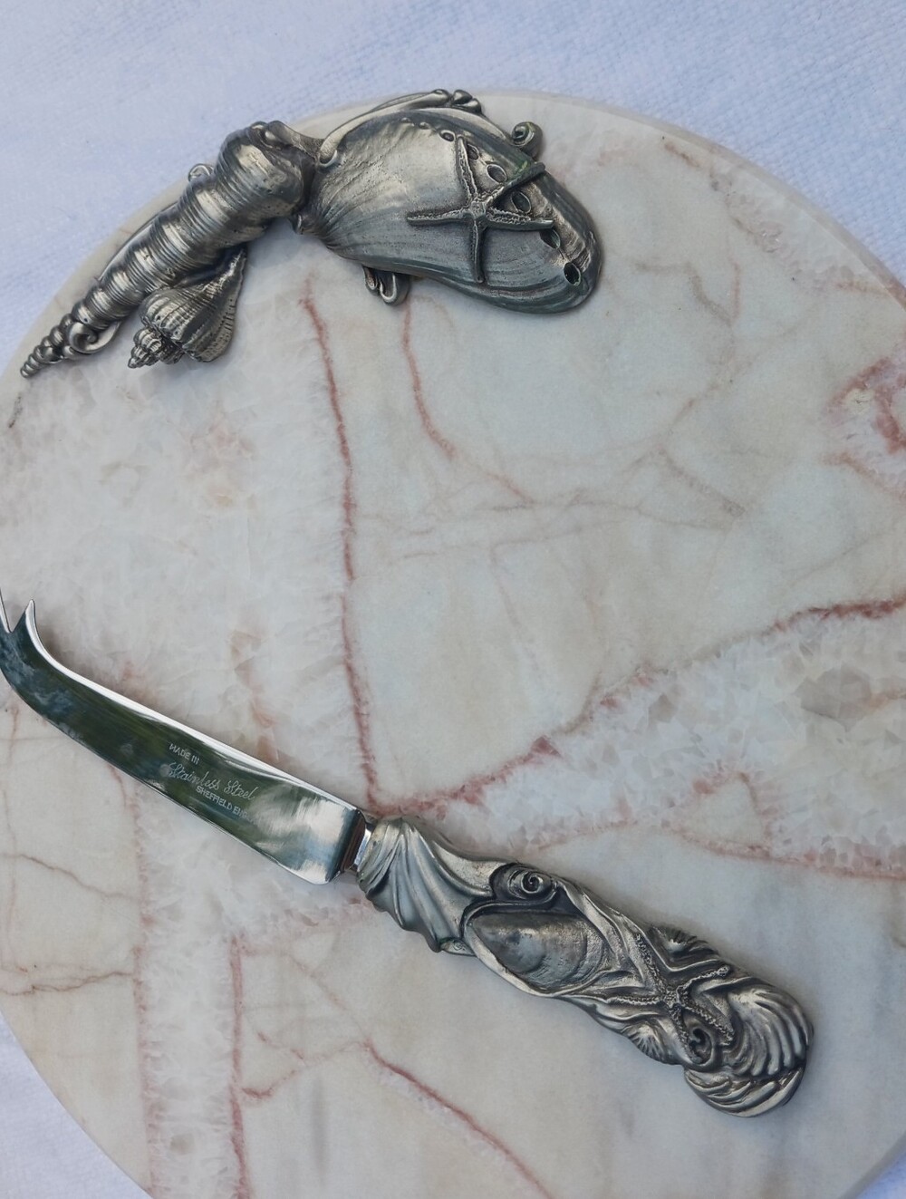 Seagull Pewter Marble Cheese Board And Knife, Starfish And Seashell Motif NWOT